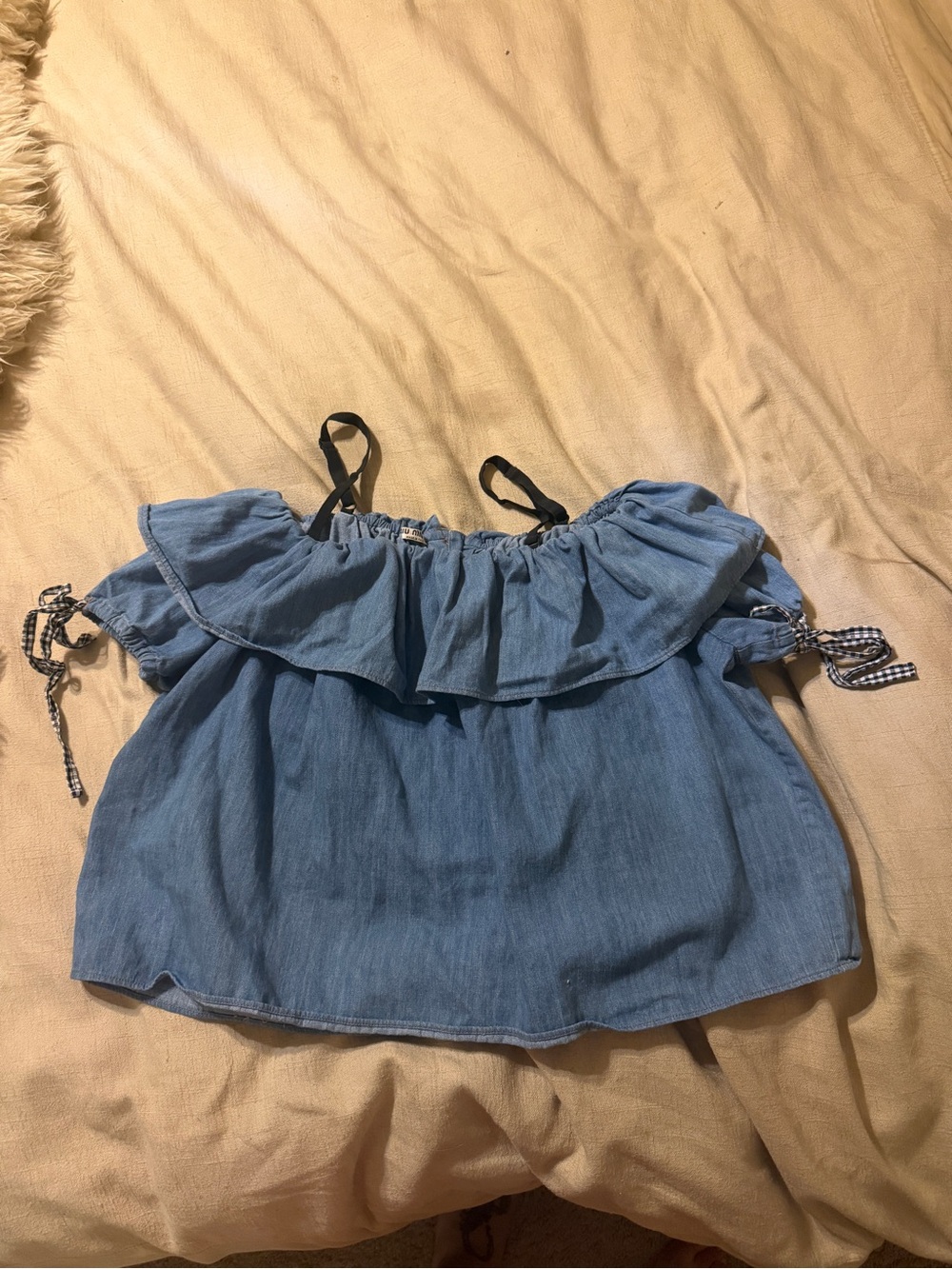 Mui Mui Off-Shoulder Ruffle Denim Top